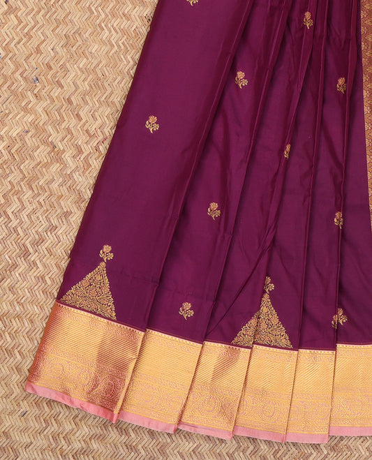 Wine Budget Silk Saree Featuring Zari Buttas, a Contrast Traditional Zari Border, Grand Pallu, and a Contrast Blouse