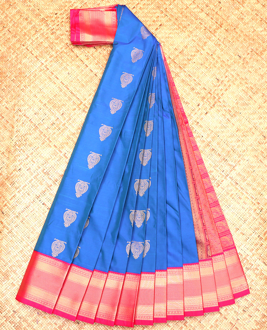 Blue Budget Silk Saree, Elevated with Zari Buttas, a Contrast Traditional Zari Border, Grand Pallu, and a Contrast Blouse