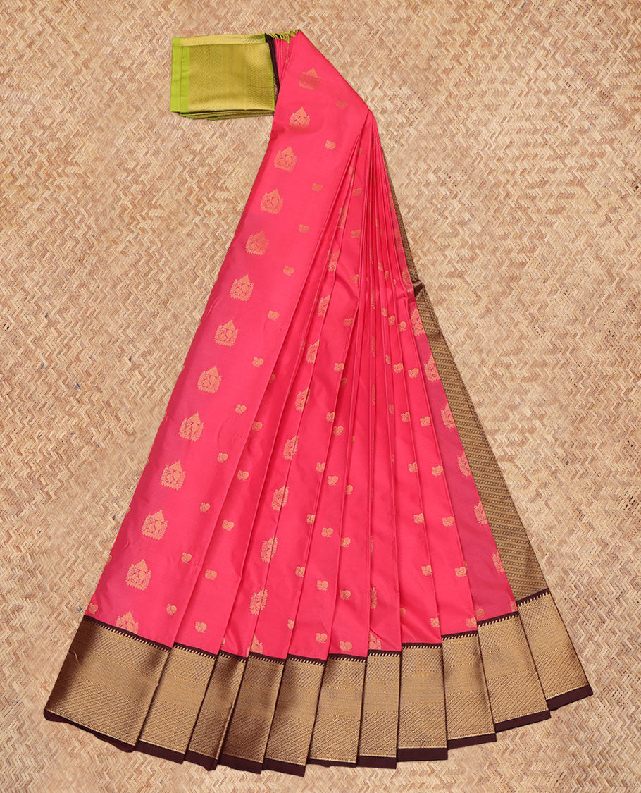 Pink Budget Silk Saree, Decorated with Zari Buttas, a Contrast Traditional Zari Ganga-Jamuna Border, Intricate Pallu, and a Contrast Blouse
