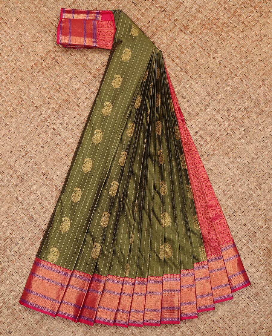 Green Budget Silk Saree, Embellished with Paisley Buttas and Stripes, a Contrast Traditional Zari Border, Grand Pallu, and a Contrast Blouse