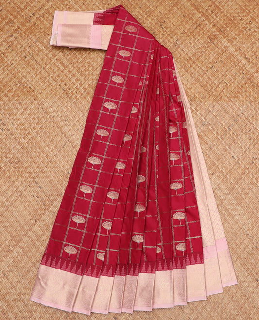 Maroon zari buttas gift saree, contrast traditional zari designs border, and jaal pallu