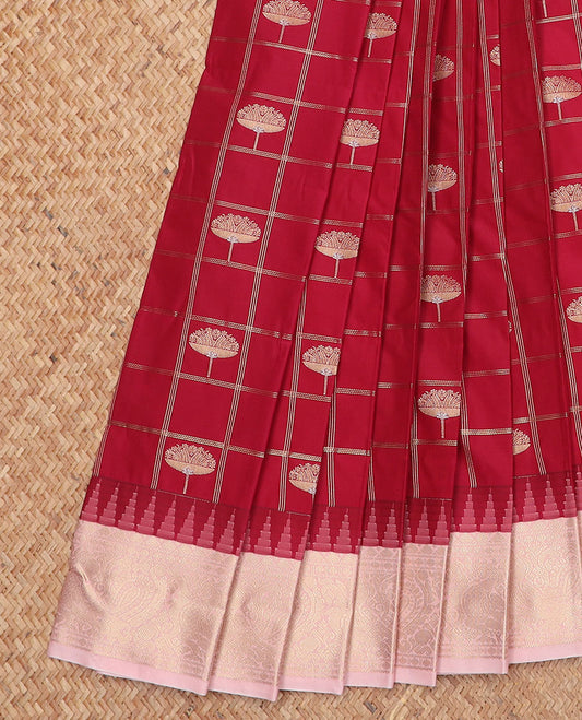 Maroon zari buttas gift saree, contrast traditional zari designs border, and jaal pallu