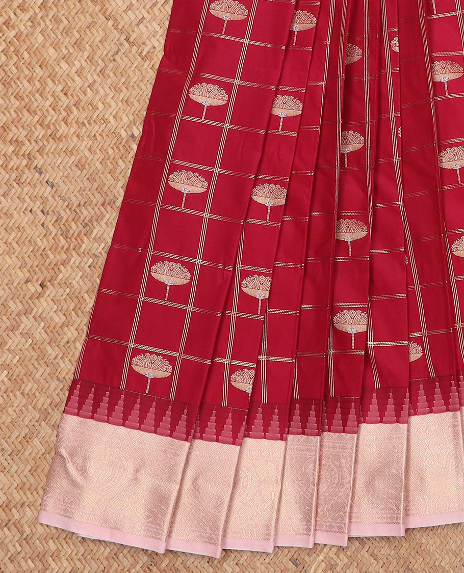 Maroon zari buttas gift saree, contrast traditional zari designs border, and jaal pallu