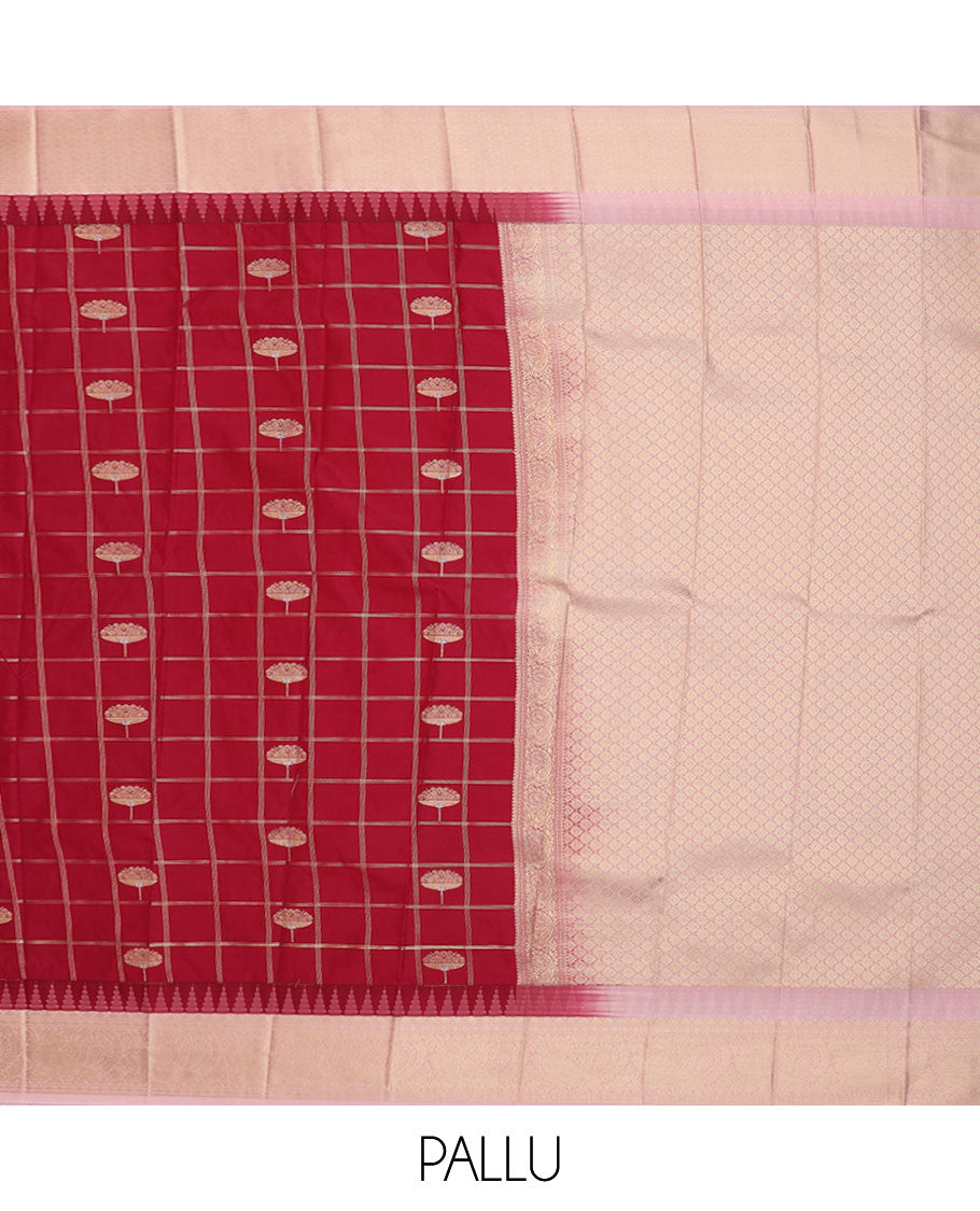 Maroon zari buttas gift saree, contrast traditional zari designs border, and jaal pallu