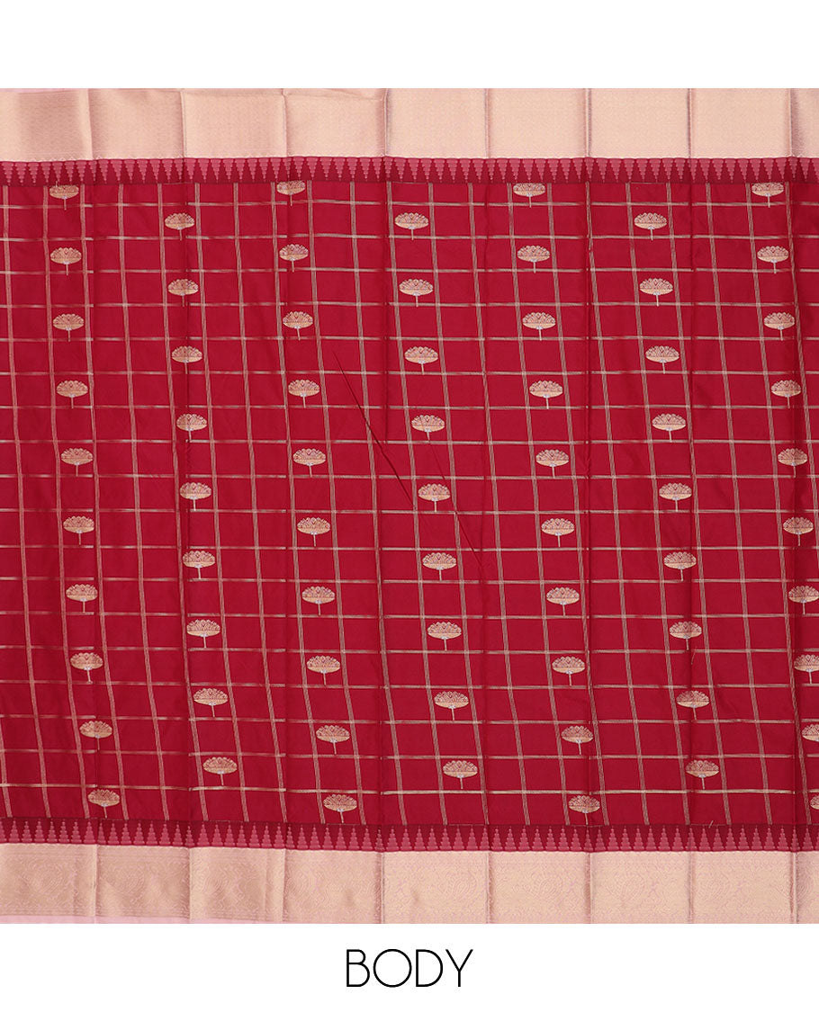 Maroon zari buttas gift saree, contrast traditional zari designs border, and jaal pallu