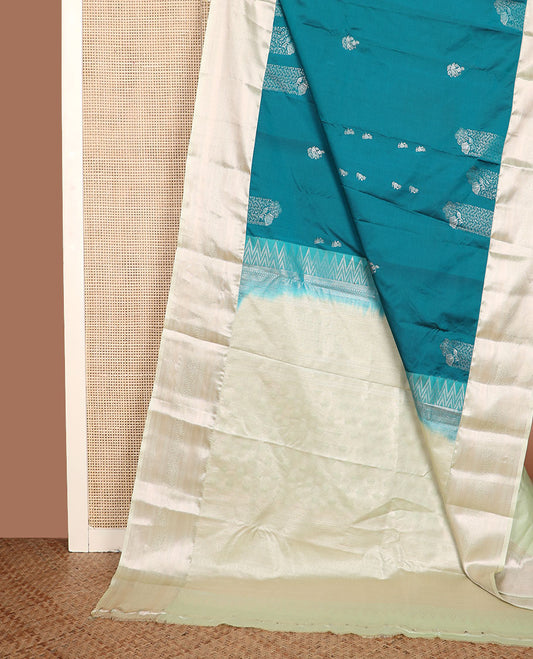 Peacock blue zari buttas gift saree, contrast traditional zari design border, and zari woven pallu