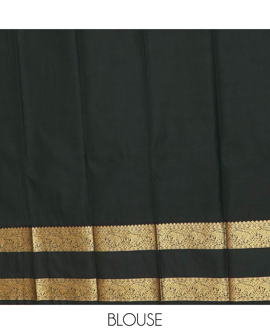 Red peacock buttas gift saree, contrast traditional zari motifs rettai pettu border, and intricate pallu