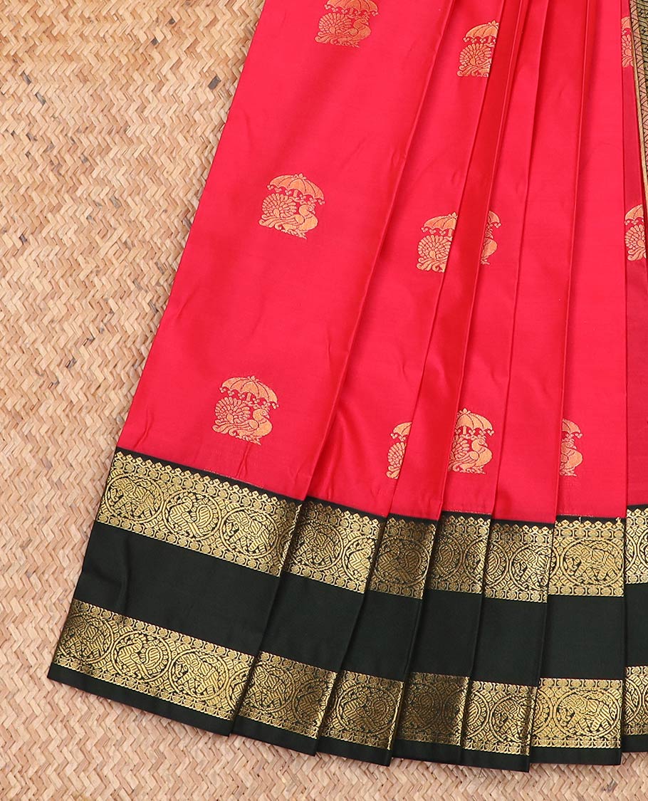 Red peacock buttas gift saree, contrast traditional zari motifs rettai pettu border, and intricate pallu