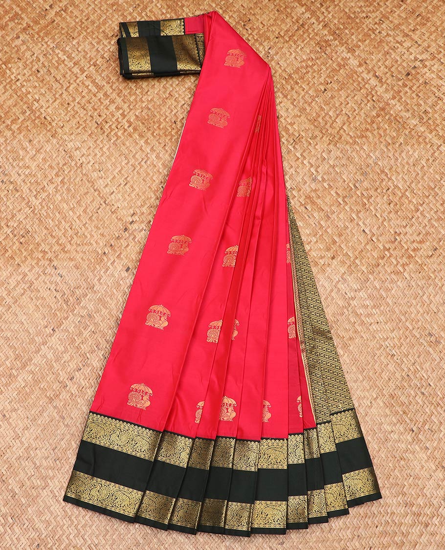 Red peacock buttas gift saree, contrast traditional zari motifs rettai pettu border, and intricate pallu