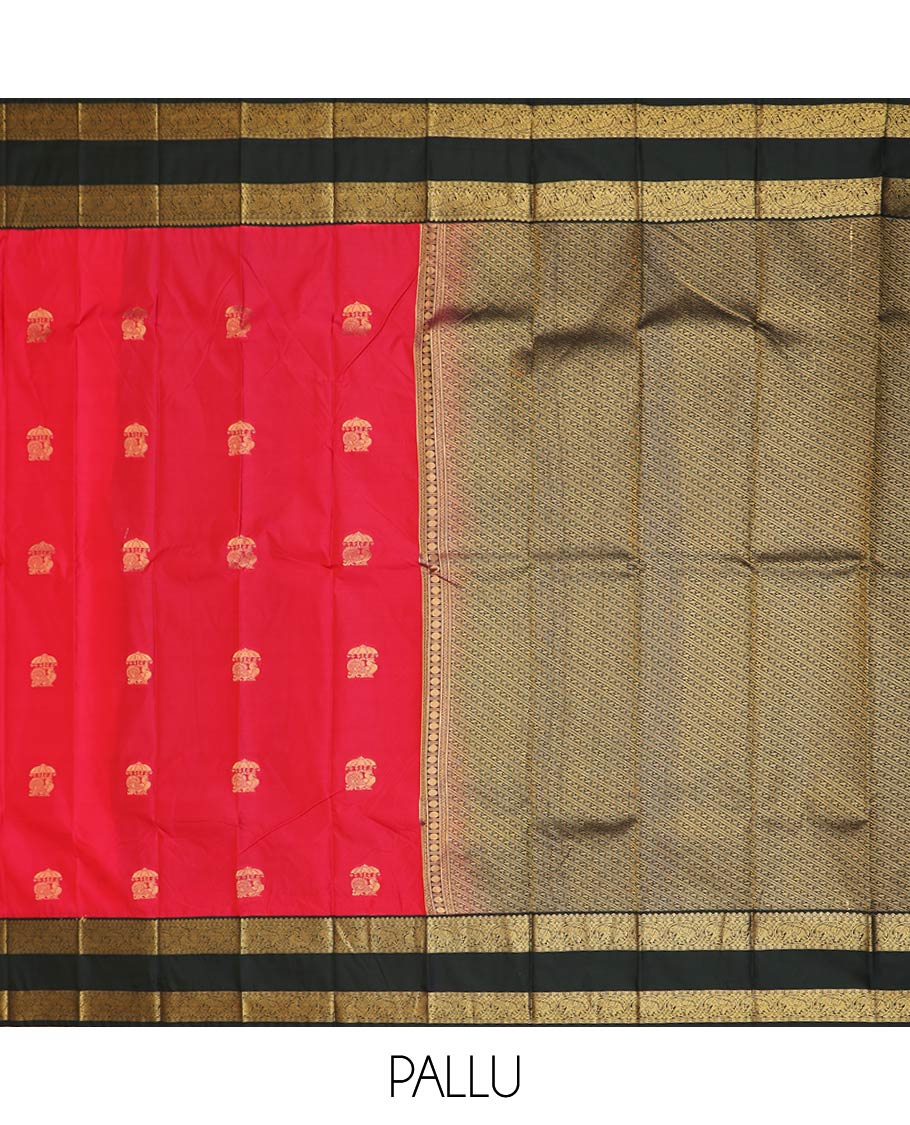 Red peacock buttas gift saree, contrast traditional zari motifs rettai pettu border, and intricate pallu