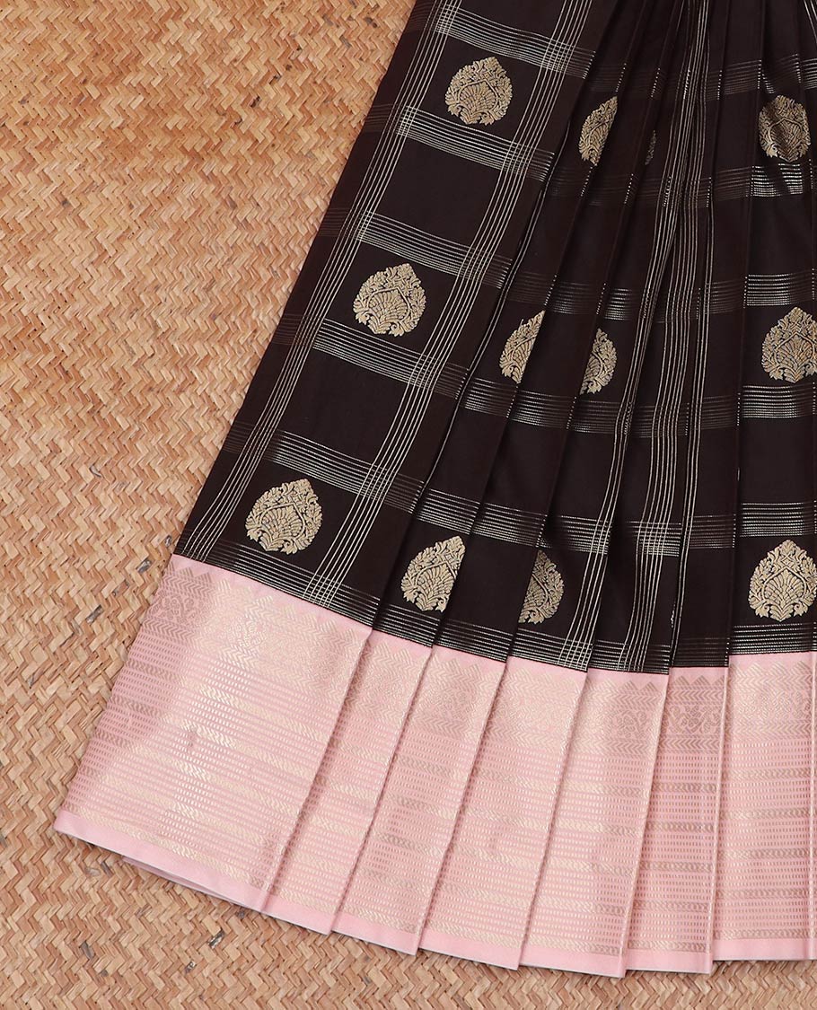 Brown zari buttas enclosed checked gift saree, contrast traditional zari border, and jaal pallu