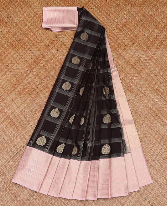 Brown zari buttas enclosed checked gift saree, contrast traditional zari border, and jaal pallu