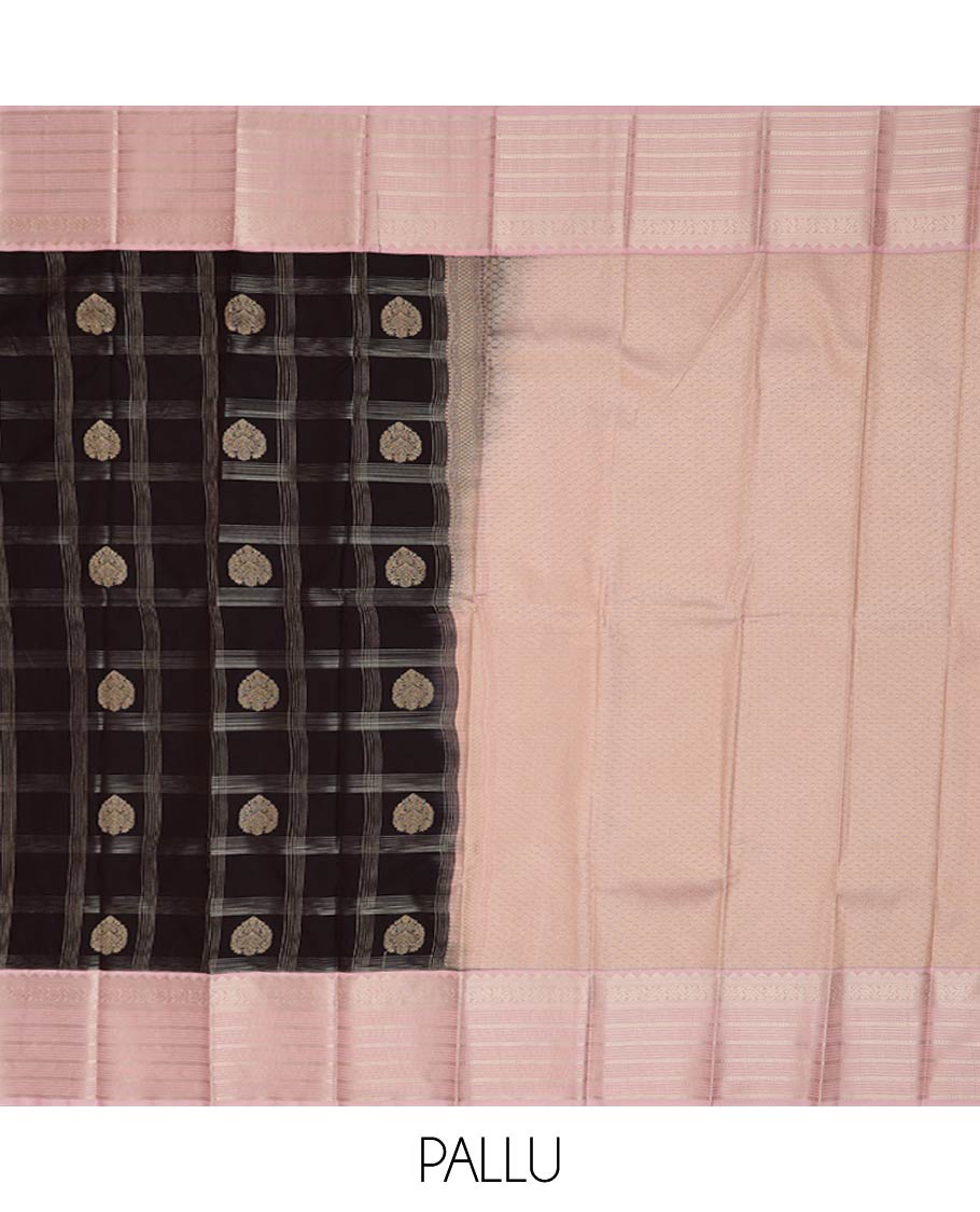 Brown zari buttas enclosed checked gift saree, contrast traditional zari border, and jaal pallu