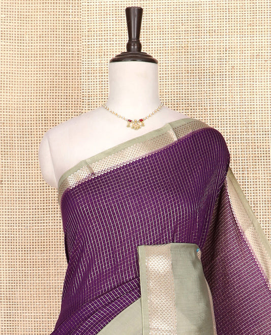 Purple zari checked Assam silk saree, contrast traditional zari border, and pallu of zari stripes