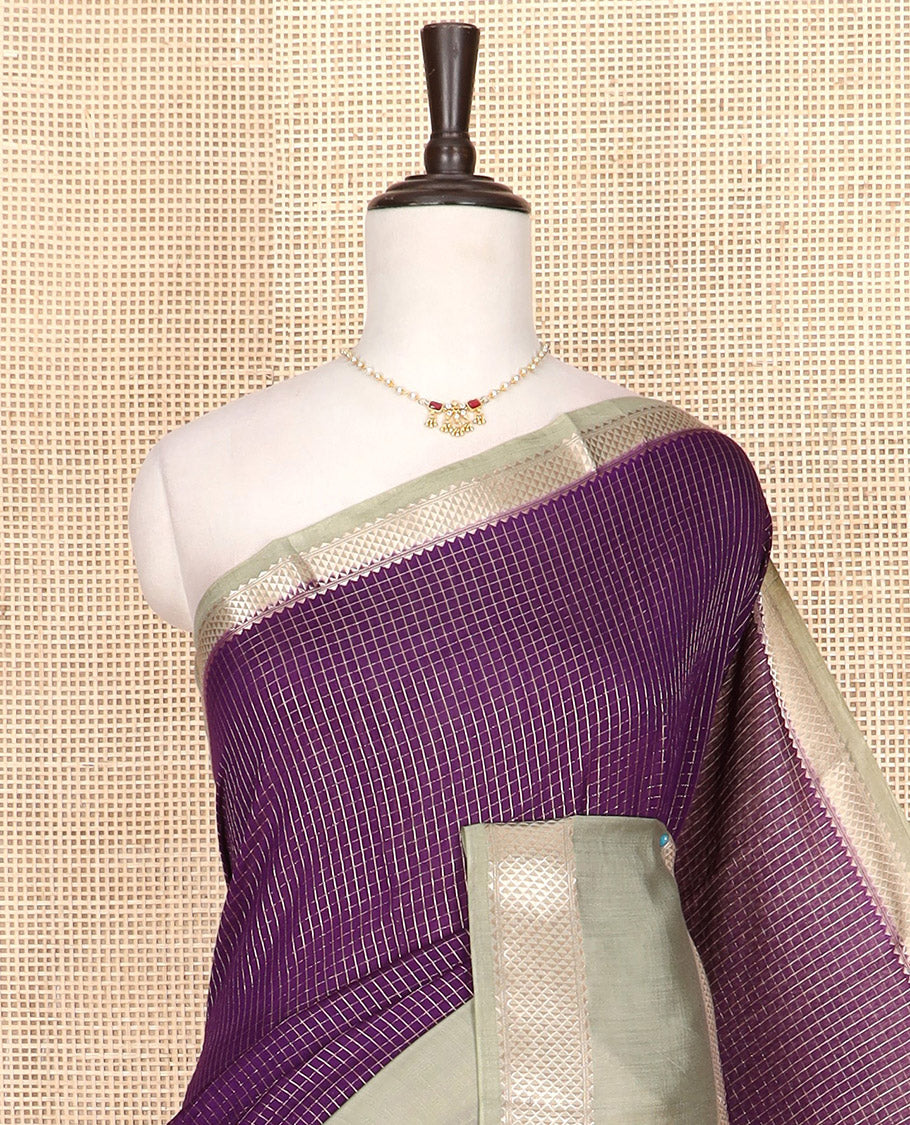 Purple zari checked Assam silk saree, contrast traditional zari border, and pallu of zari stripes