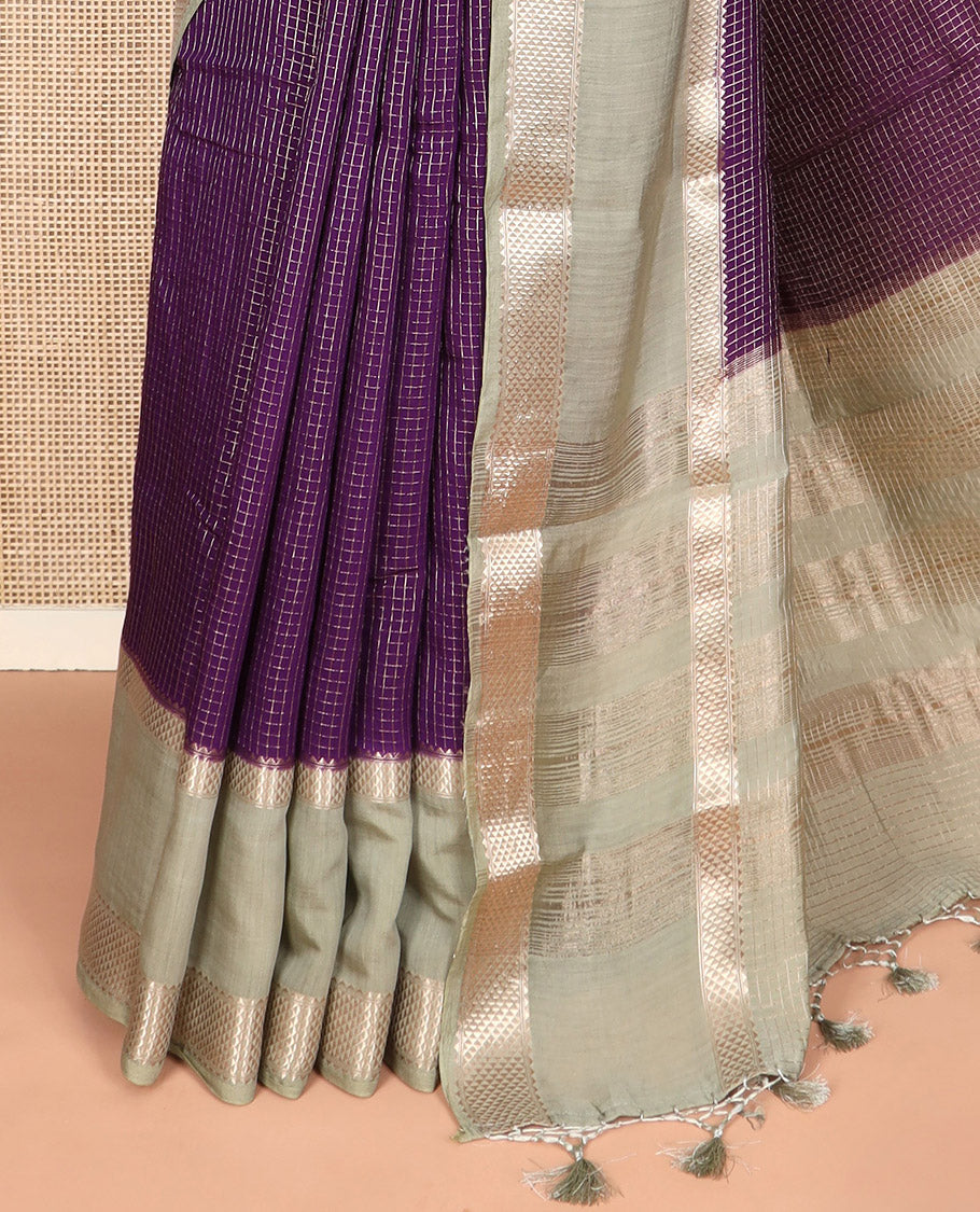 Purple zari checked Assam silk saree, contrast traditional zari border, and pallu of zari stripes