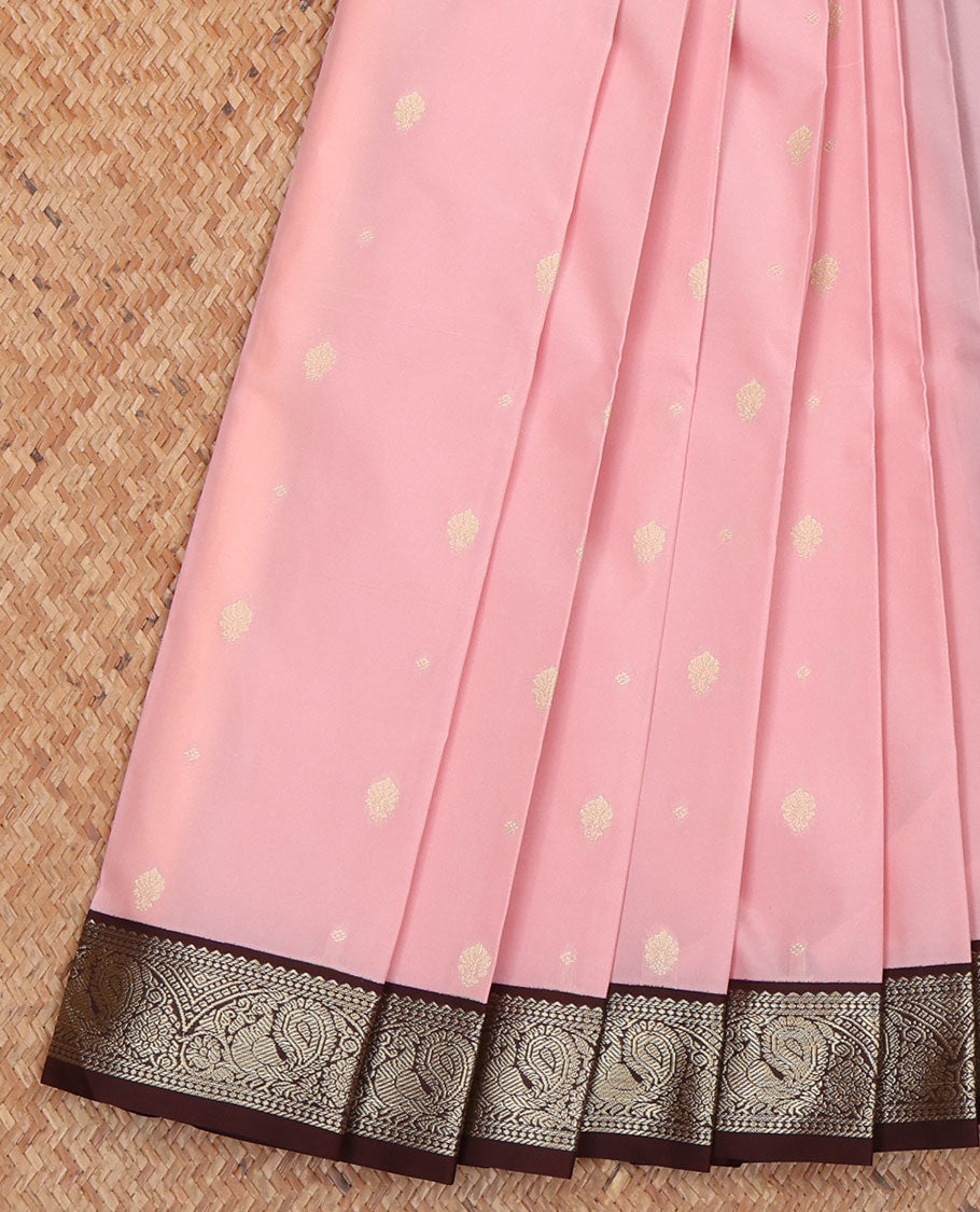 Pink Budget Silk Saree, Sparsely Woven with Zari Buttas All Over Its Body, Complemented by Contrast Border of Peacock Designs, a Masterfully Woven Pallu of Geometric Designs, and Paired with a Contrast Blouse