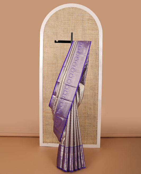 Grey leaf design budget silk saree with contrast traditional zari design border & floral design pallu