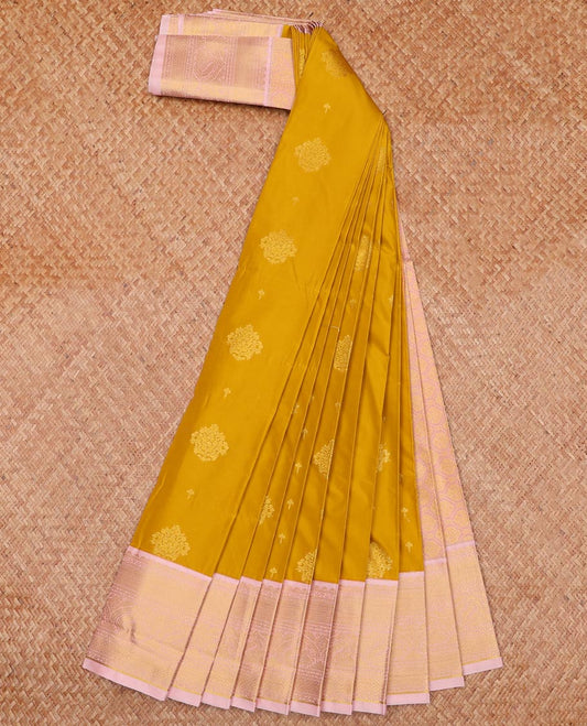 Mustard Budget Silk Saree Bedecked with Zari Buttas, Complemented with a Contrast Traditional Zari Design Border, Grandly Zari Woven Pallu of Jaal Design, and a Contrast Blouse