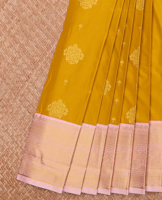 Mustard Budget Silk Saree Bedecked with Zari Buttas, Complemented with a Contrast Traditional Zari Design Border, Grandly Zari Woven Pallu of Jaal Design, and a Contrast Blouse