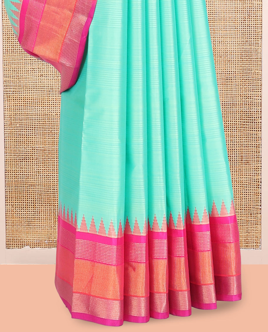 Turquoise Striped Bangalore Silk Saree, Complemented by a Contrast Temple Ganga-Jamuna Border, Zari-Striped Pallu, and Contrast Blouse