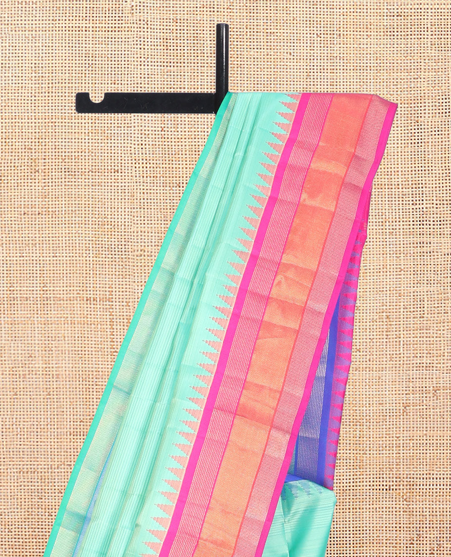 Turquoise Striped Bangalore Silk Saree, Complemented by a Contrast Temple Ganga-Jamuna Border, Zari-Striped Pallu, and Contrast Blouse