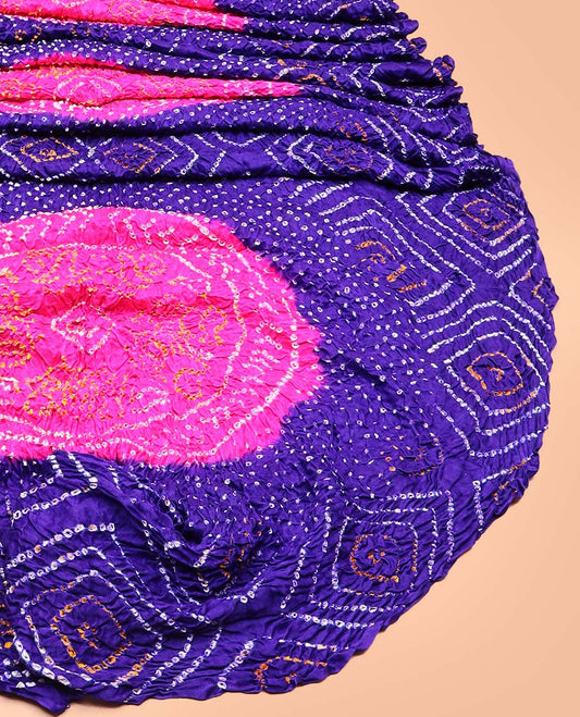 Ink blue geometric themed bandhani dotted bandhani silk saree, butta enclosed thick zari checked gharchola pallu