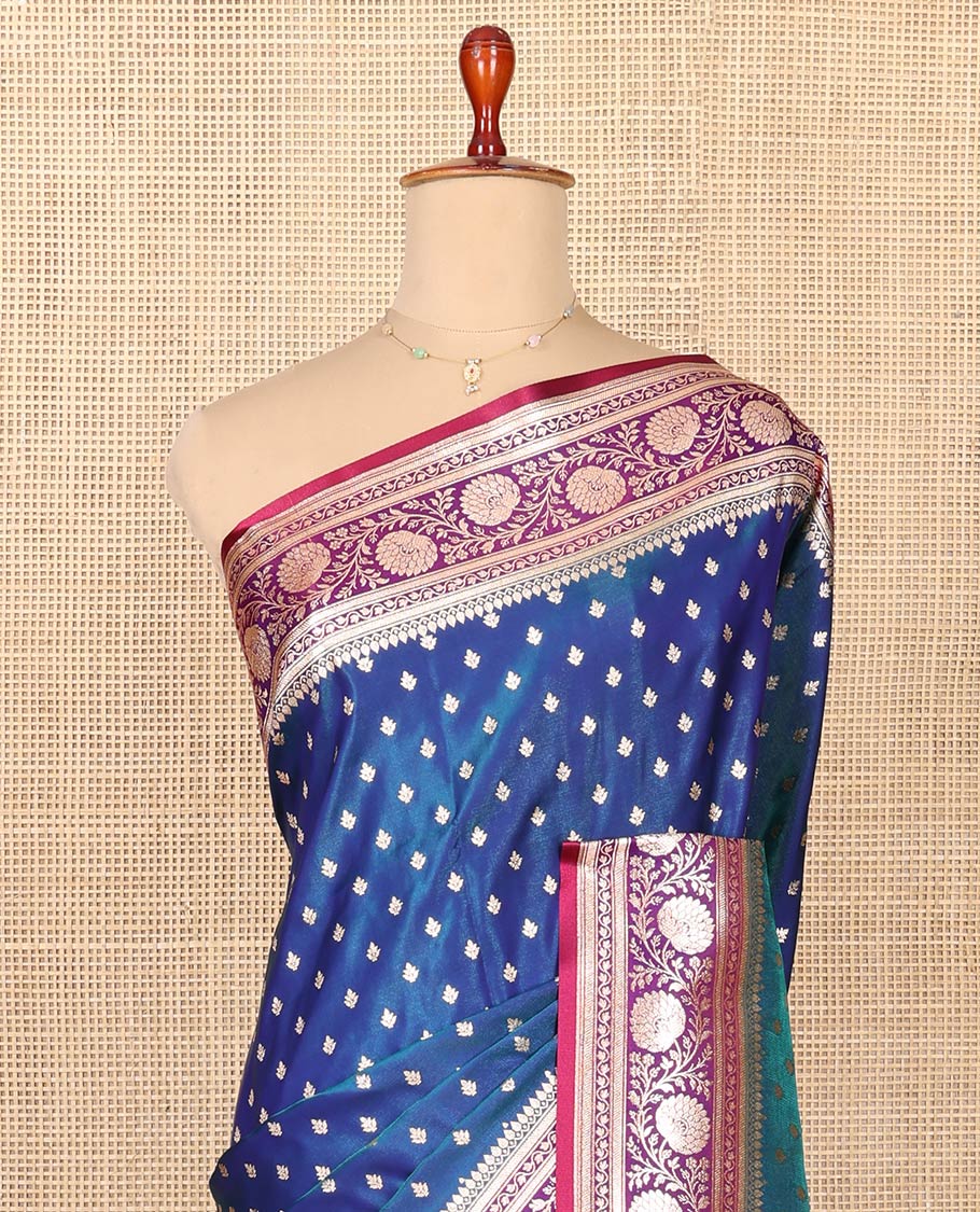 Blue Semi-Banaras Saree, Beautified with Buttas on Its Body, Complemented by a Contrast Floral Creeper Design Border, Intricately Designed Pallu, and Paired with a Contrast Blouse