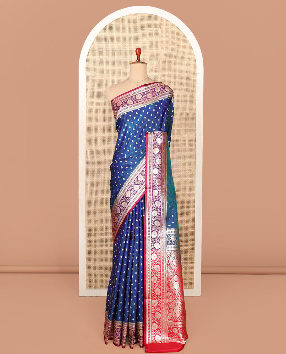 Blue Semi-Banaras Saree, Beautified with Buttas on Its Body, Complemented by a Contrast Floral Creeper Design Border, Intricately Designed Pallu, and Paired with a Contrast Blouse
