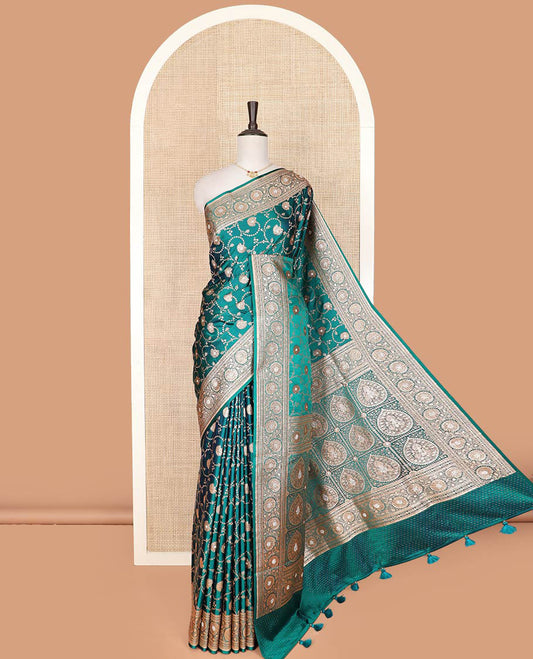 Green floral jaal jacquard banarasi silk saree, floral creeper stone border, and thilakam butta enclosed checked pallu