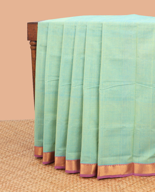 Light green mangalagiri cotton saree with contrast striped, temple border & striped pallu