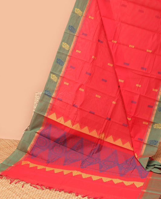 Red floral motifs kanchi cotton saree with contrast floral design border & geometric design pallu