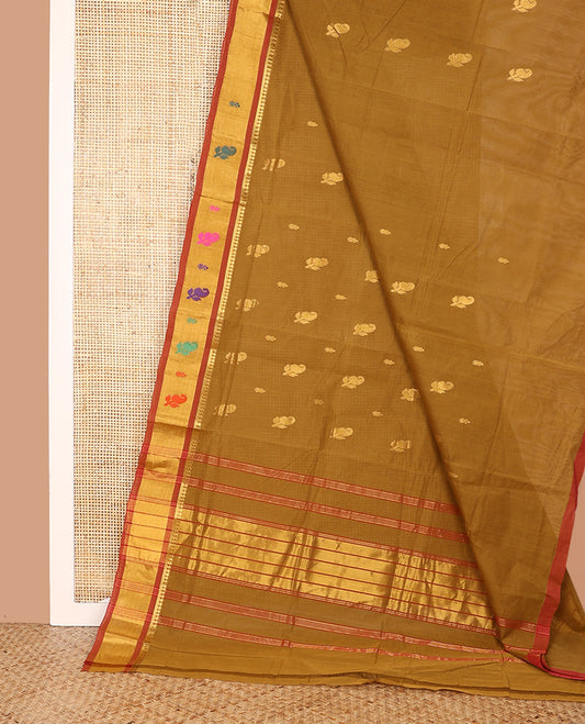 Mustard Venkatagiri Cotton Saree, Woven with Zari Buttas on Its Body, Complemented by a Contrast Thread Border of Paisley Designs, Zari Striped Pallu, and Comes Without a Blouse