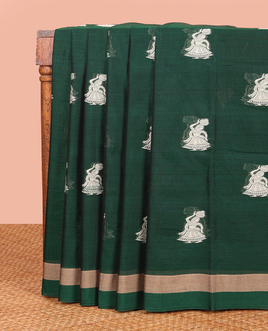 Green Narayanapet Cotton Saree Accentuated with Girl with a Pot Motifs, Subtle Self-Border, Pallu Mirrors the Same Body Motifs, and Paired with a Matching Blouse