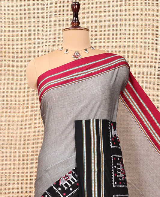 Grey Plain Narayanpet Cotton Saree, Complemented by a Contrast Ganga-Jamuna Thread Border, Pallu of Stripes and Buttas, and a Matching Blouse