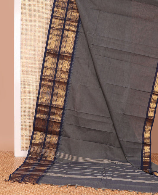 Grey plain Chettinad cotton saree, contrast traditional zari design temple border, and striped pallu