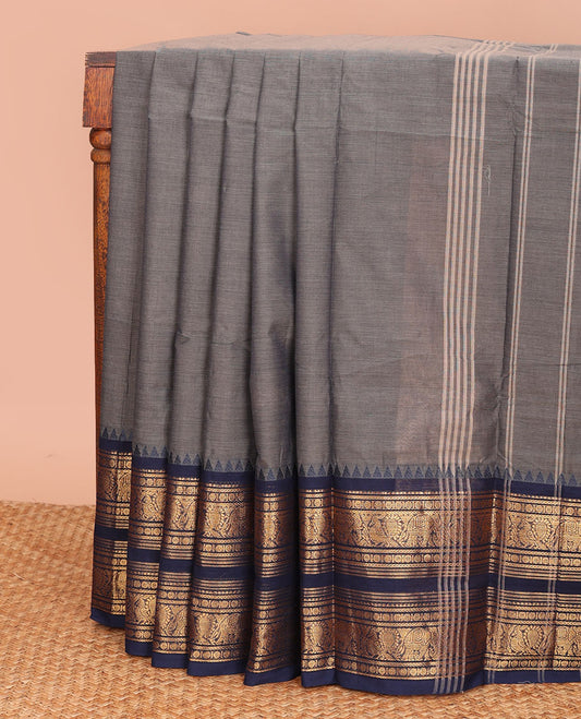 Grey plain Chettinad cotton saree, contrast traditional zari design temple border, and striped pallu
