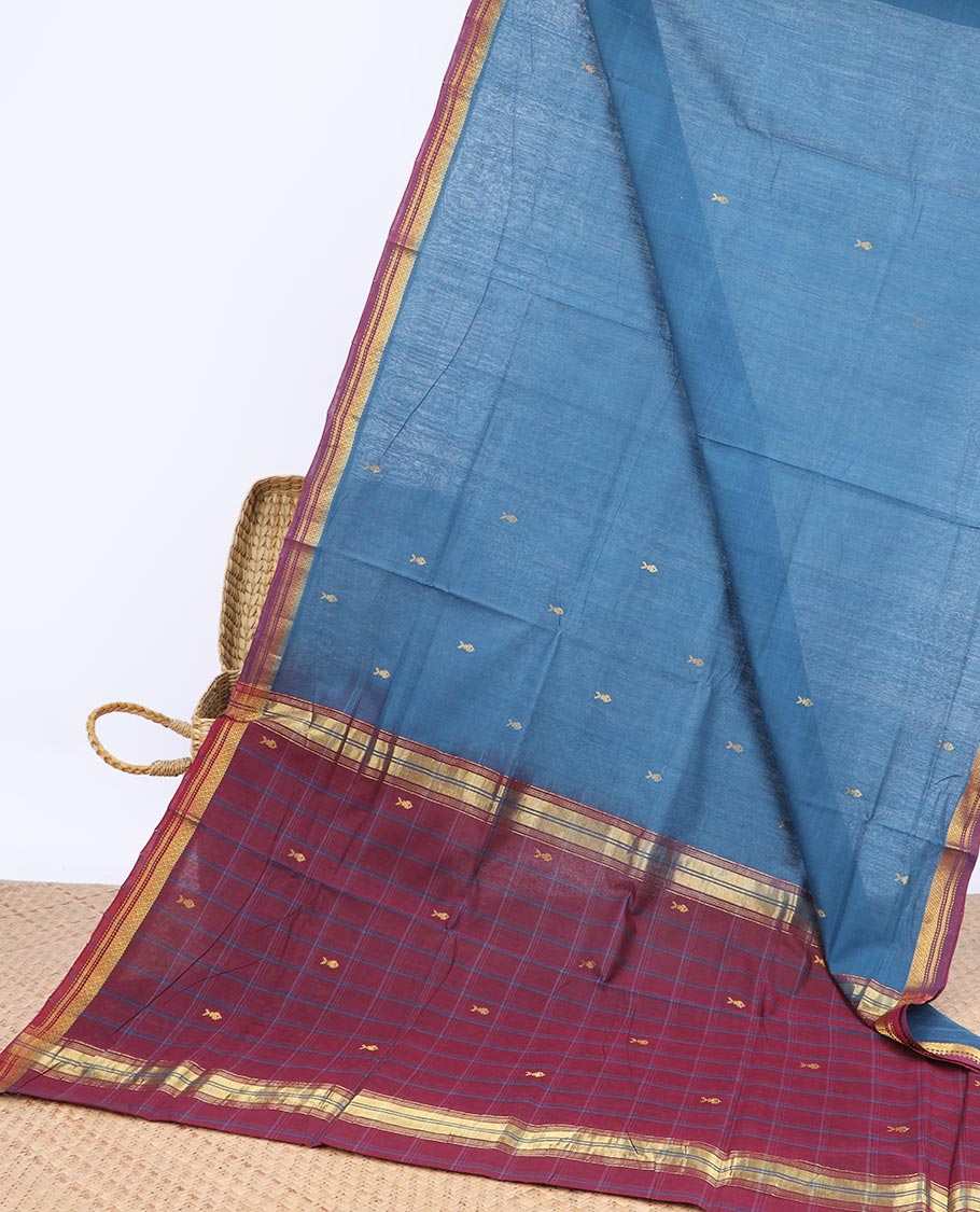 Blue buttas Vengatagiri cotton saree, contrast traditional design border & checked pallu of buttas