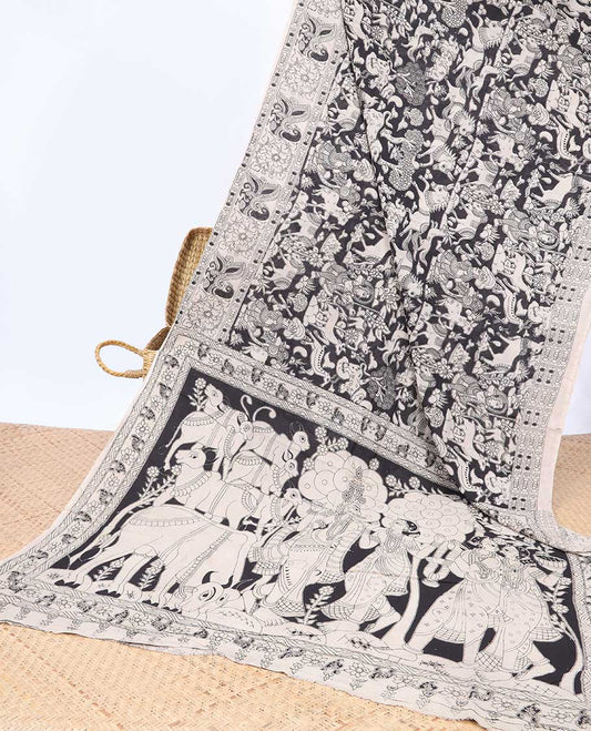 Black figurines machine printed kalamkari cotton saree, peacock printed border & God Krishna Radha motifs pallu