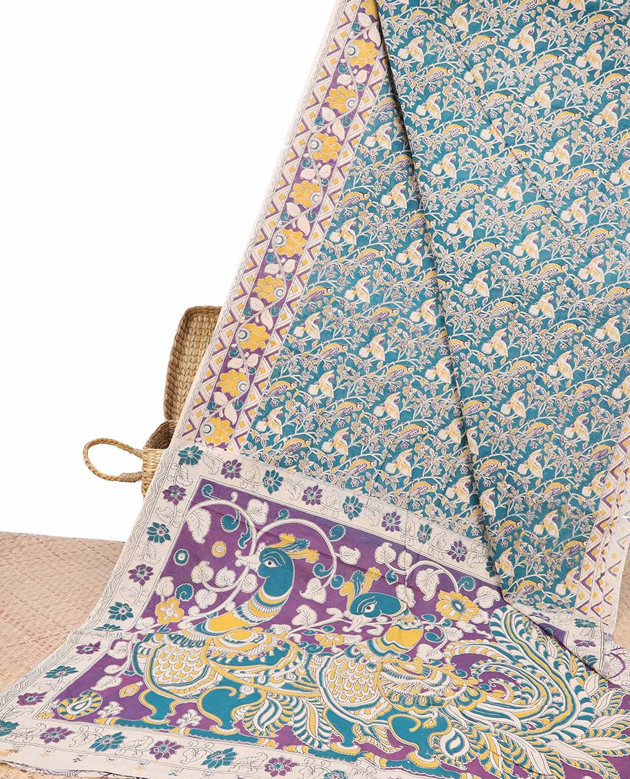 Blue floral & bird machine-printed kalamkari cotton saree, contrast floral & chevron pallu & peacock pallu