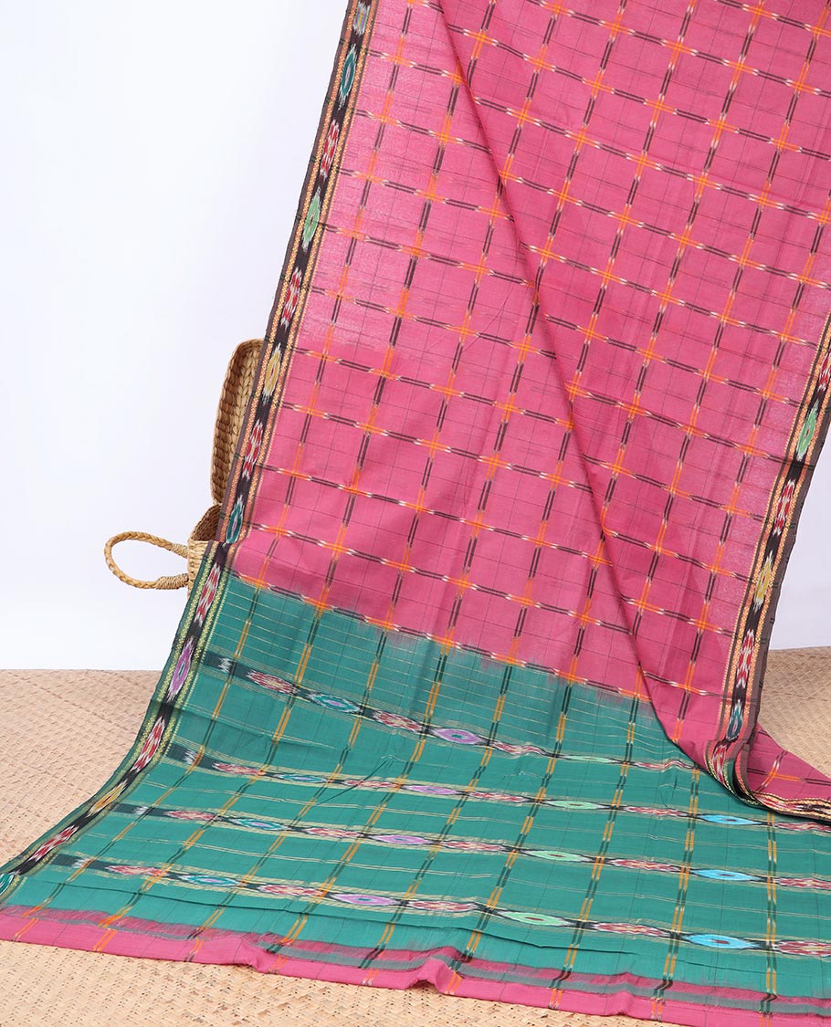 Pink checked Andhra cotton saree, contrast ikkat border & checked pallu of ikkat design