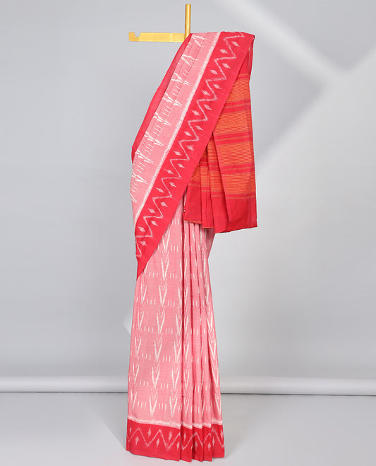 Pink geometric design ikkat cotton saree with contrast geomentric border & striped design pallu