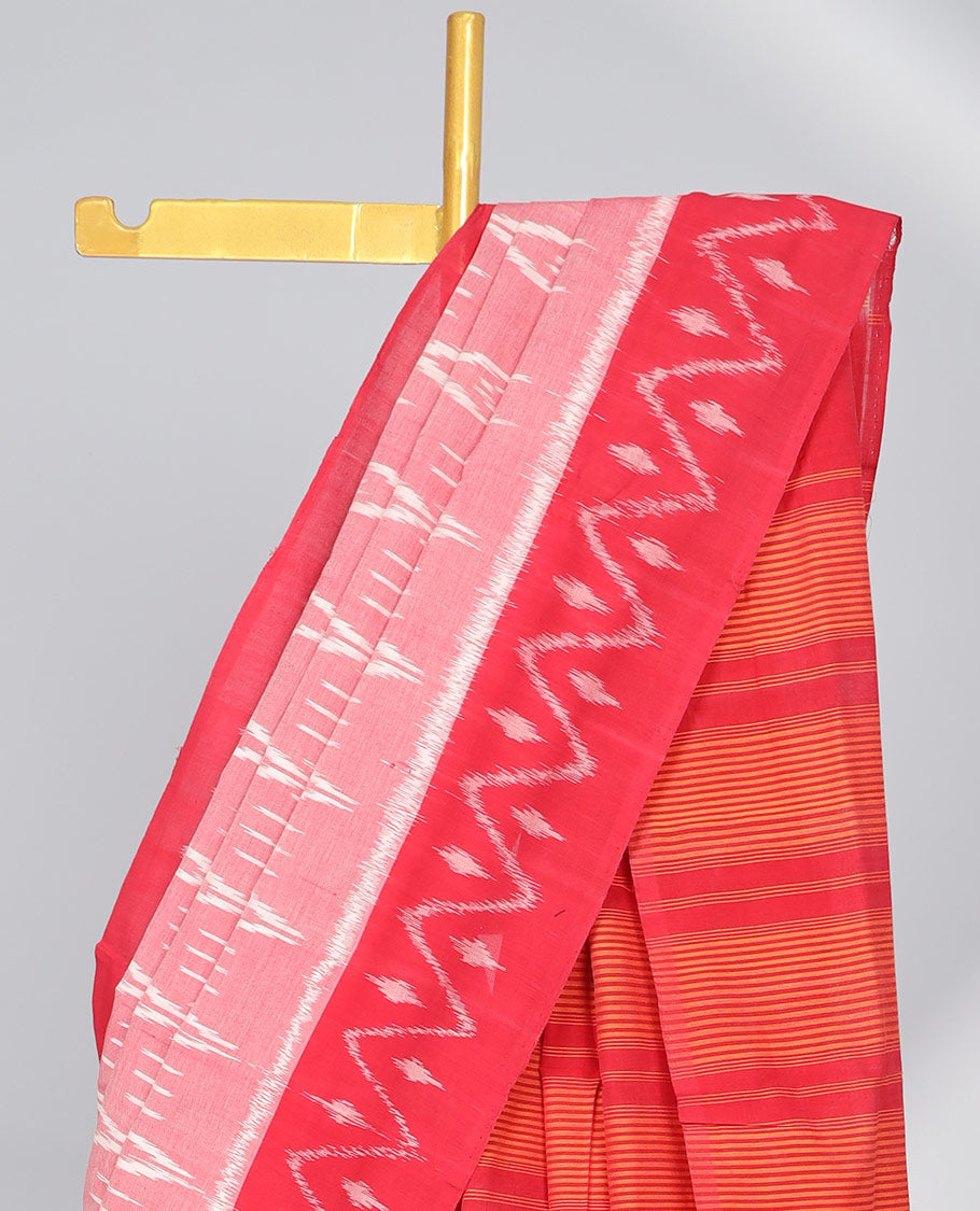 Pink geometric design ikkat cotton saree with contrast geomentric border & striped design pallu