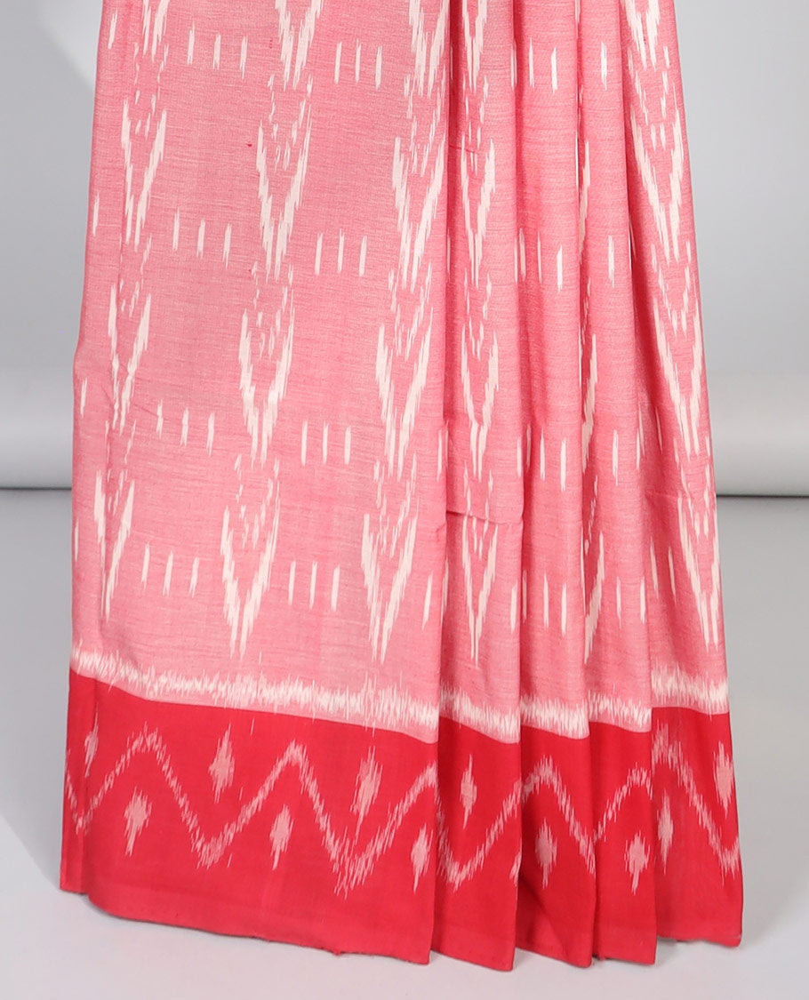 Pink geometric design ikkat cotton saree with contrast geomentric border & striped design pallu