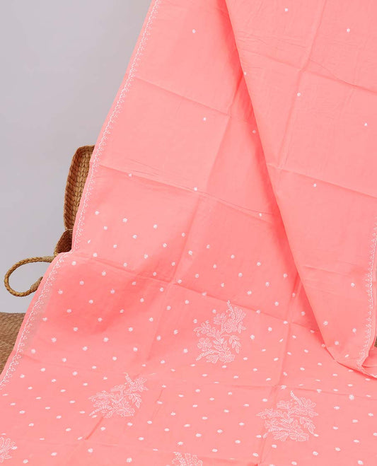 Peach all-over floral thread embroidery chikankari cotton saree with self embroidery border