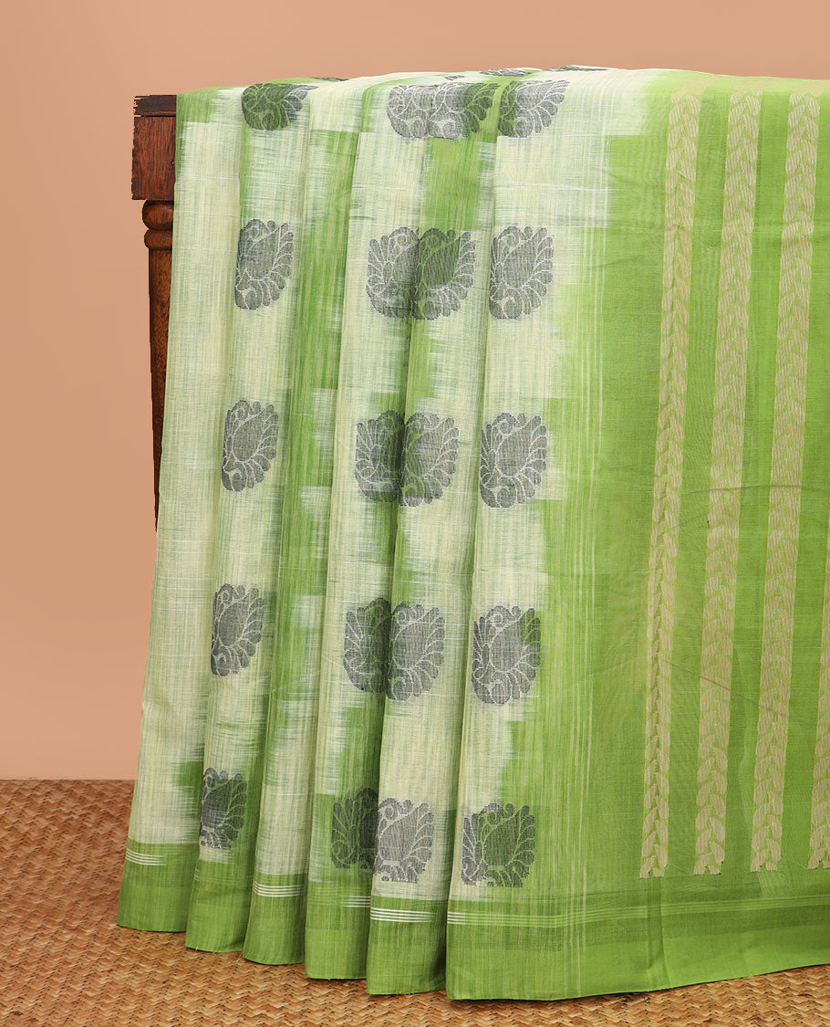 Green chevron printed with buttas Kanchi cotton saree, plain border and striped pallu