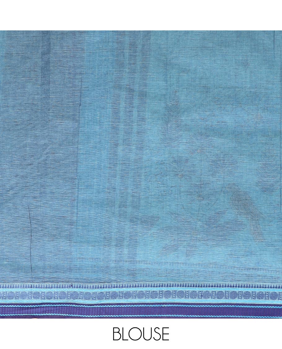 Blue tropical floral and bird printed Chirala cotton saree, contrast border, an pallu of stripes and buttas