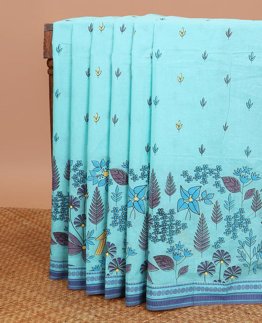Blue tropical floral and bird printed Chirala cotton saree, contrast border, an pallu of stripes and buttas