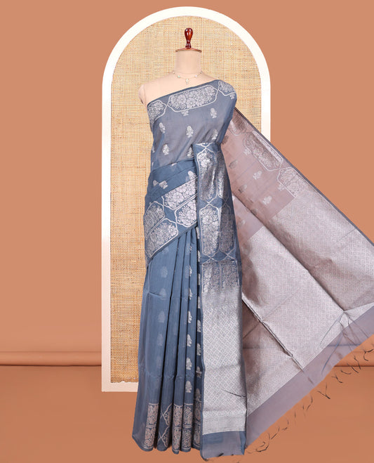 Navy Blue Semi-Silk Cotton Saree, Mesmerized with Zari Buttas All Over Its Body, a Subtle Border of Floral Designs, Grand Jaal Pallu, and Paired with a Matching Blouse