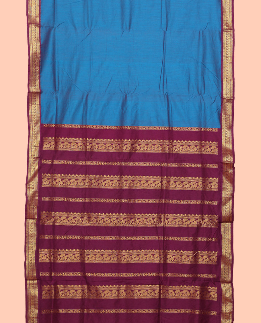 Blue Plain Nine Yard Cotton Saree, Complemented by Contrast Traditional Zari Design Border, Pallu of Traditional Designs, and Comes Without a Blouse